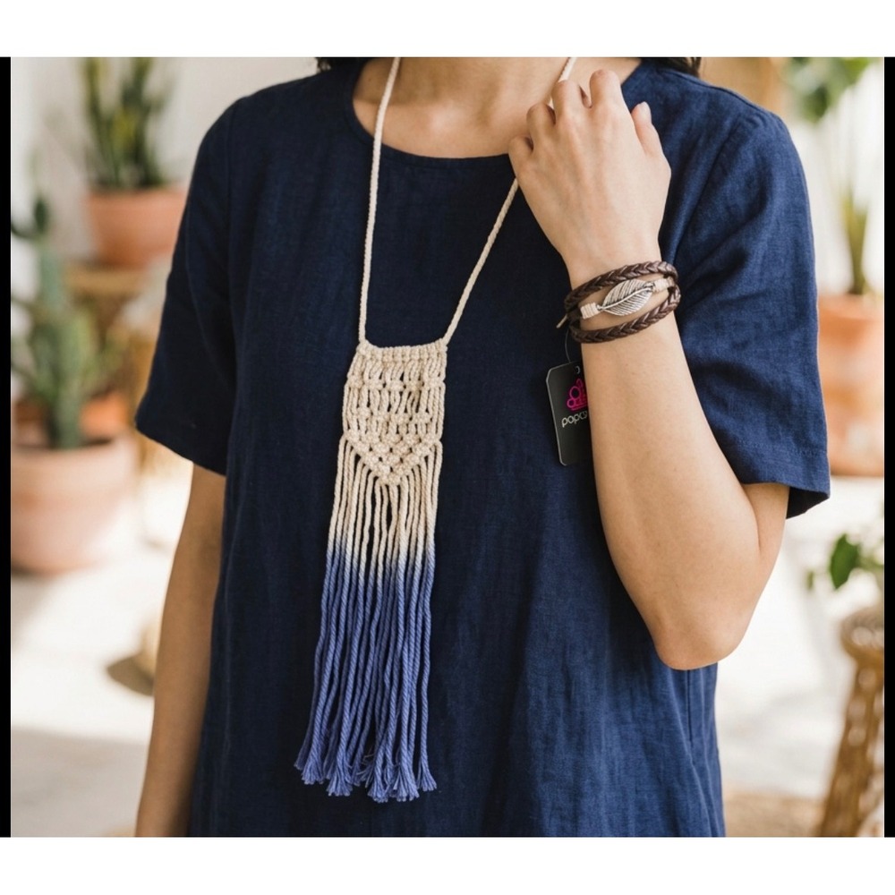 Paparazzi Macrame Ombre Fringe Necklace Earrings & Leather Feather Bracelet Set